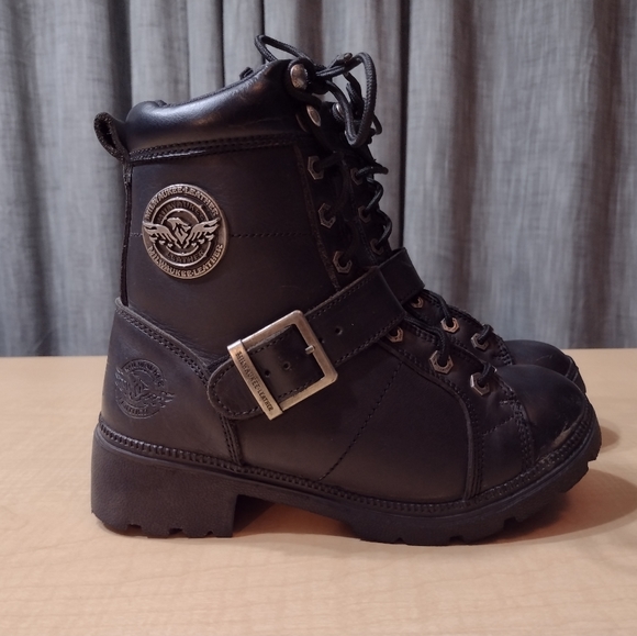 Milwaukee Black Leather Motorcycle Lace Up Boots Size 5 - Picture 6 of 13